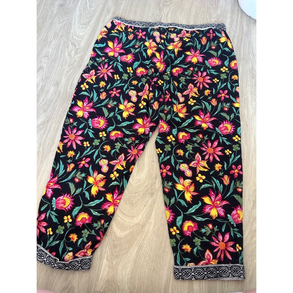 Sundance Womens Floral Cotton Crop Pants Black Pink Yellow‎ Boho Elastic Waist L - Picture 9 of 13
